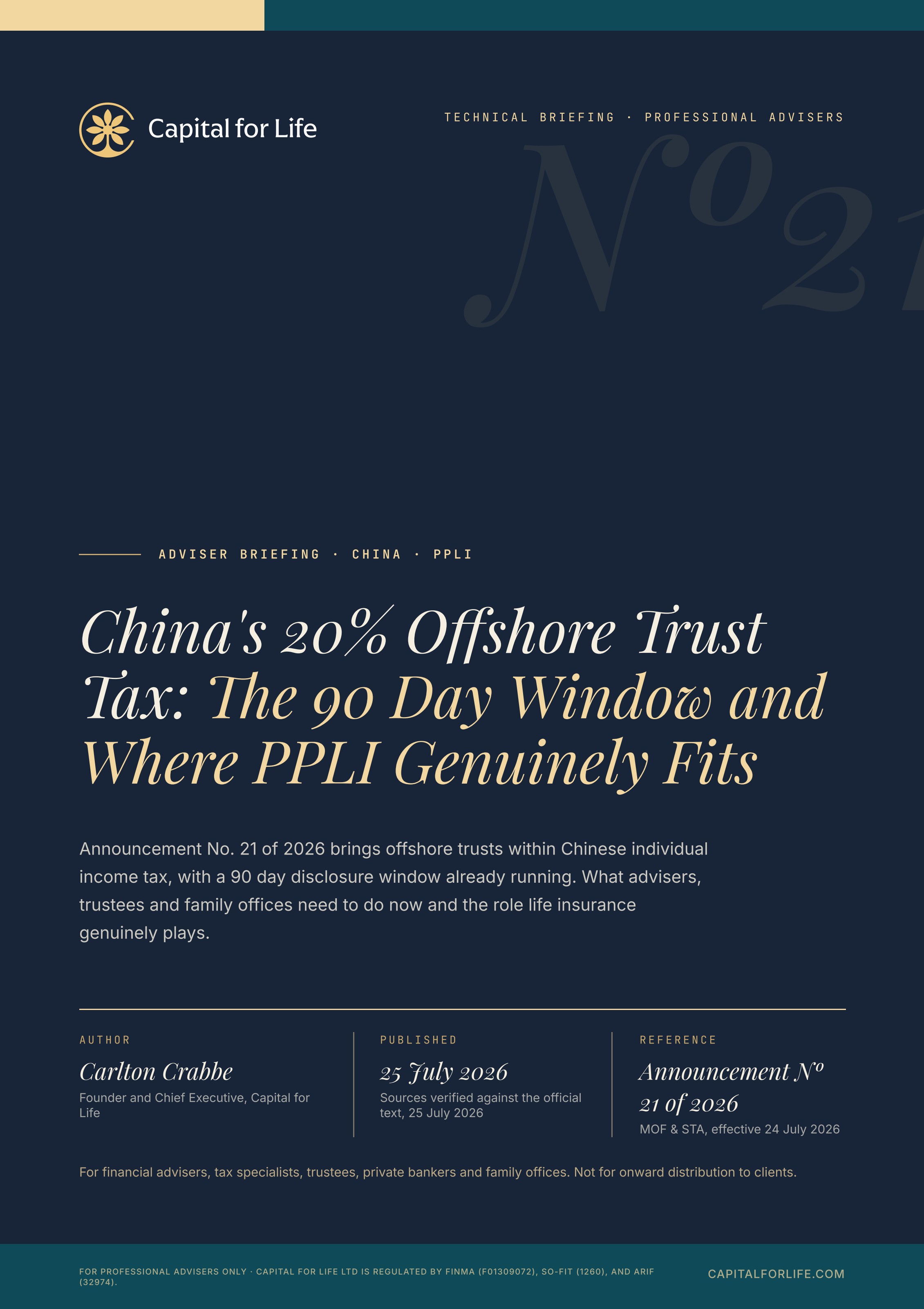 Front cover of the Capital for Life technical adviser briefing: China's 20% Offshore Trust Tax — The 90 Day Window and Where PPLI Genuinely Fits